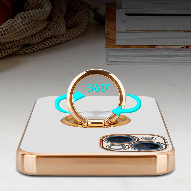 Cadorabo Hoesje geschikt voor Apple iPhone 14 PLUS in Glossy Wit - Goud - Beschermhoes Camerabescherming magnetische