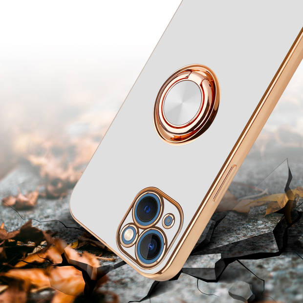 Cadorabo Hoesje geschikt voor Apple iPhone 14 in Glossy Wit - Goud - Beschermhoes Camerabescherming magnetische