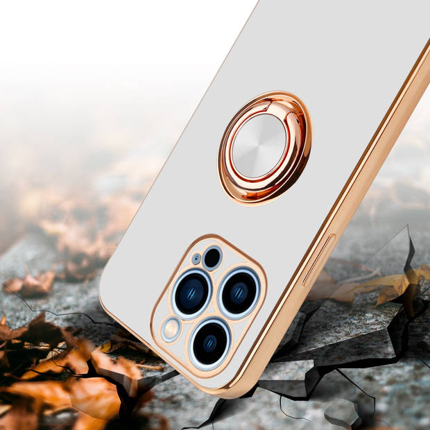 Cadorabo Hoesje geschikt voor Apple iPhone 13 PRO in Glossy Wit - Goud - Beschermhoes Camerabescherming magnetische