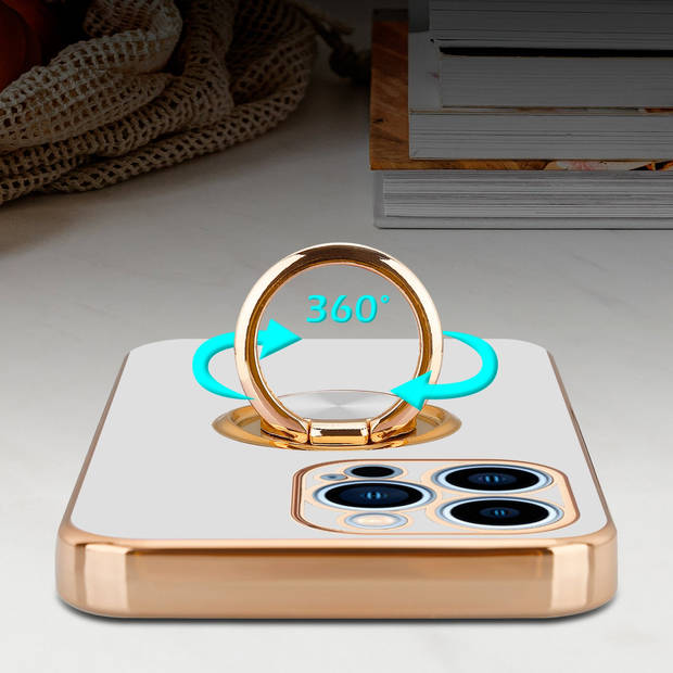 Cadorabo Hoesje geschikt voor Apple iPhone 13 PRO in Glossy Wit - Goud - Beschermhoes Camerabescherming magnetische