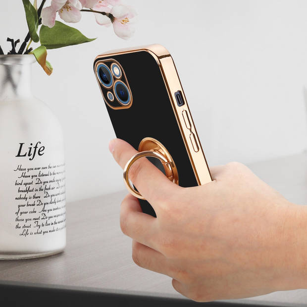 Cadorabo Hoesje geschikt voor Apple iPhone 13 in Glossy Zwart - Goud - Beschermhoes Camerabescherming magnetische