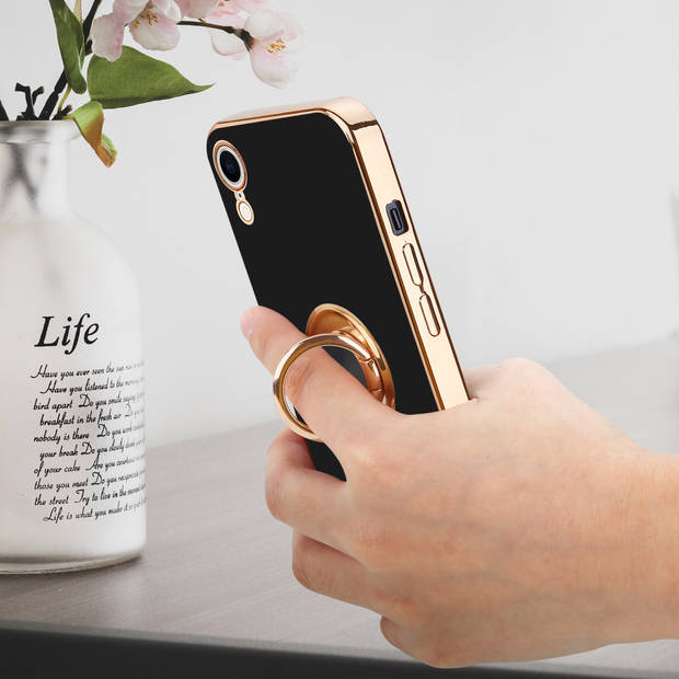 Cadorabo Hoesje geschikt voor Apple iPhone XR in Glossy Zwart - Goud - Beschermhoes Camerabescherming magnetische