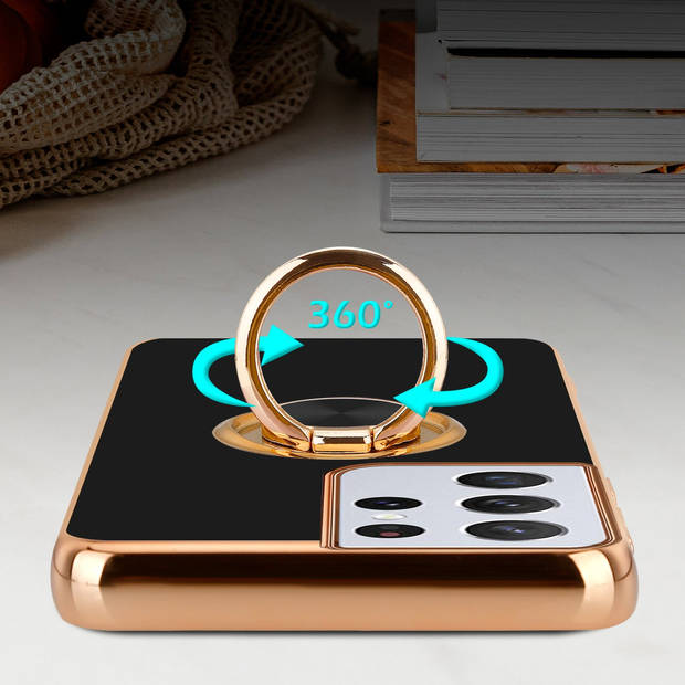 Cadorabo Hoesje geschikt voor Samsung Galaxy S21 ULTRA in Glossy Zwart - Goud - Beschermhoes Camerabescherming