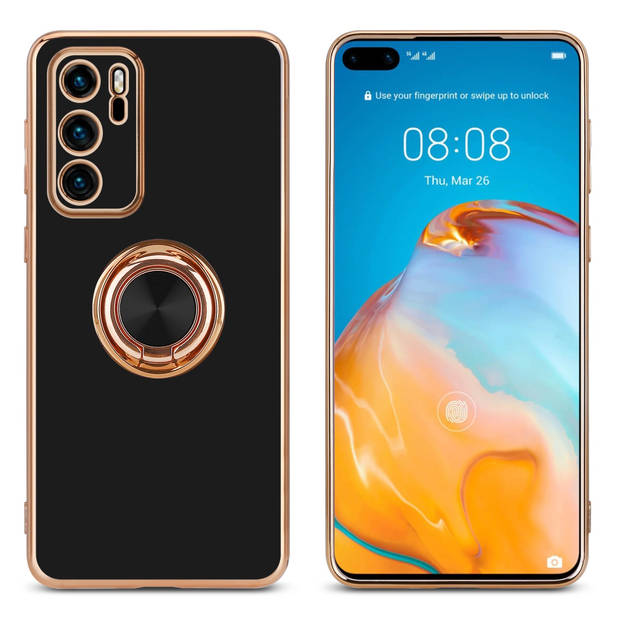 Cadorabo Hoesje geschikt voor Huawei P40 in Glossy Zwart - Goud - Beschermhoes Camerabescherming magnetische autohouder