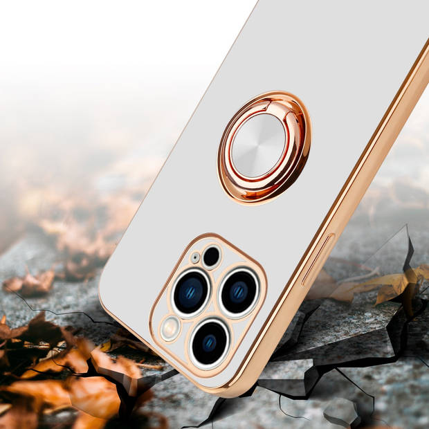 Cadorabo Hoesje geschikt voor Apple iPhone 14 PRO MAX in Glossy Wit - Goud - Beschermhoes Camerabescherming magnetische