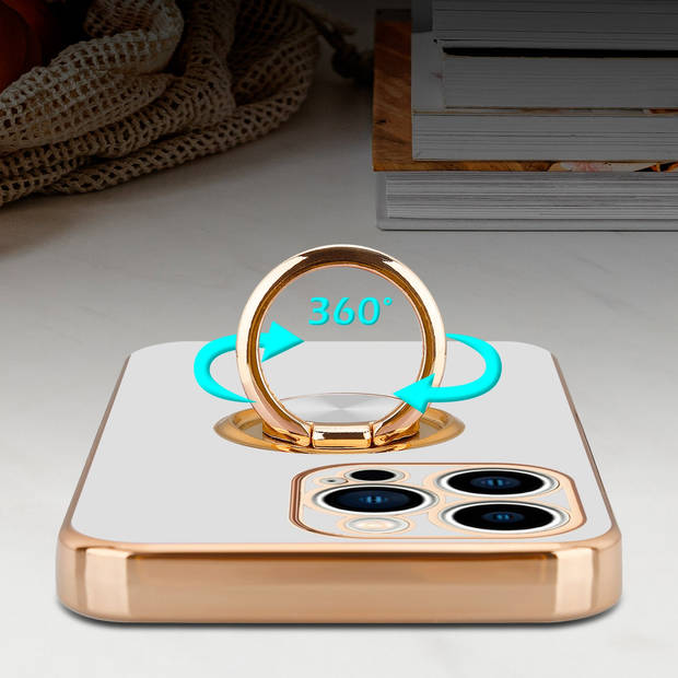 Cadorabo Hoesje geschikt voor Apple iPhone 14 PRO MAX in Glossy Wit - Goud - Beschermhoes Camerabescherming magnetische