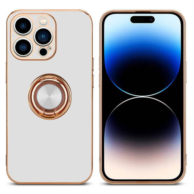 Cadorabo Hoesje geschikt voor Apple iPhone 14 PRO MAX in Glossy Wit - Goud - Beschermhoes Camerabescherming magnetische