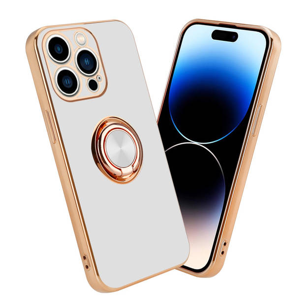 Cadorabo Hoesje geschikt voor Apple iPhone 14 PRO MAX in Glossy Wit - Goud - Beschermhoes Camerabescherming magnetische