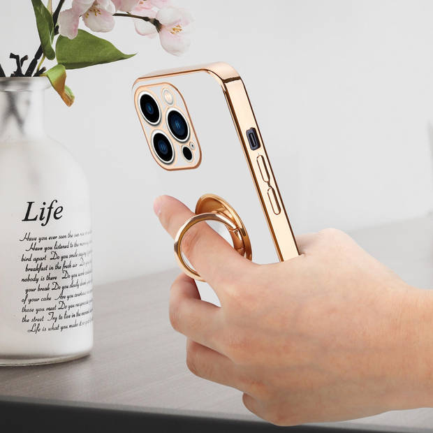 Cadorabo Hoesje geschikt voor Apple iPhone 14 PRO in Glossy Wit - Goud - Beschermhoes Camerabescherming magnetische