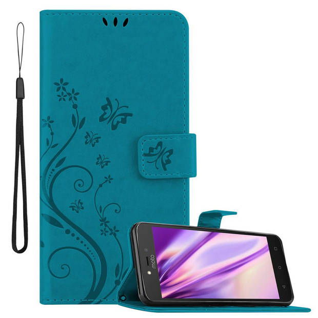 Cadorabo Hoesje geschikt voor Motorola MOTO C PLUS in BLOEMEN BLAUW - Beschermhoes Case Cover Bloemen magnetische