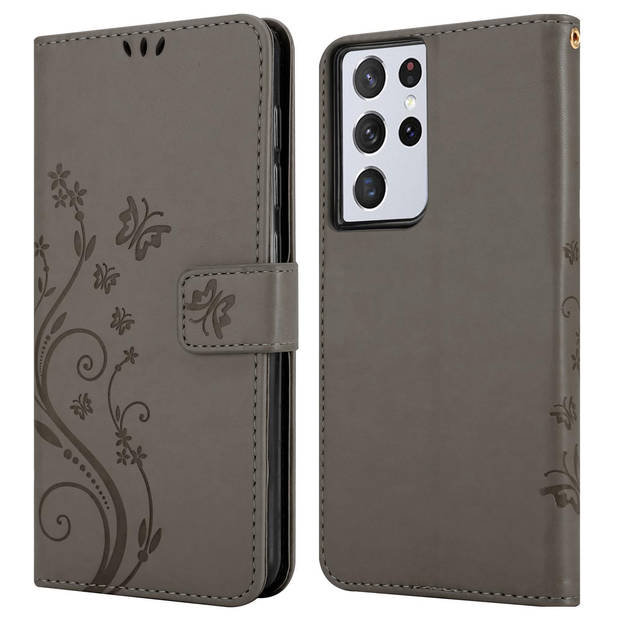 Cadorabo Hoesje geschikt voor Samsung Galaxy S21 ULTRA in BLOEMEN GRIJS - Beschermhoes Case Cover Bloemen magnetische