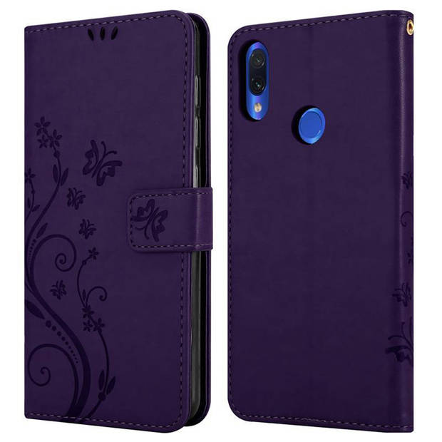 Cadorabo Hoesje geschikt voor Xiaomi RedMi NOTE 7 in BLOEMEN DONKER PAARS - Beschermhoes Case Cover Bloemen magnetische