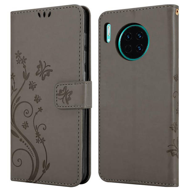 Cadorabo Hoesje geschikt voor Huawei MATE 30 in BLOEMEN GRIJS - Beschermhoes Case Cover Bloemen magnetische sluiting