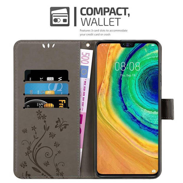 Cadorabo Hoesje geschikt voor Huawei MATE 30 in BLOEMEN GRIJS - Beschermhoes Case Cover Bloemen magnetische sluiting