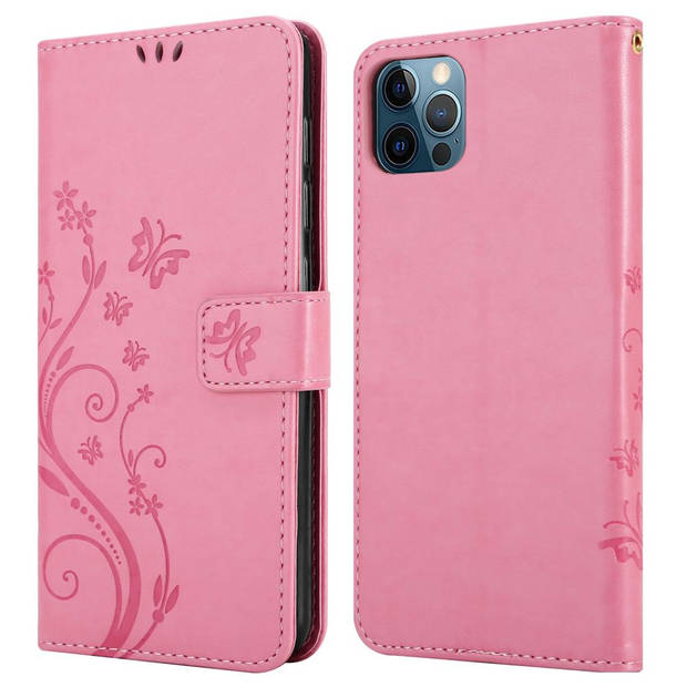 Cadorabo Hoesje geschikt voor Apple iPhone 12 PRO MAX in BLOEMEN ROZE - Beschermhoes Case Cover Bloemen magnetische