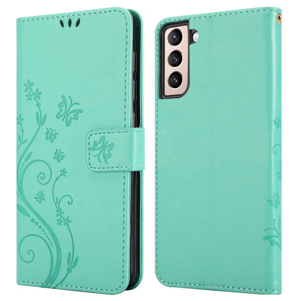 Cadorabo Hoesje geschikt voor Samsung Galaxy S21 5G in BLOEMEN TURKOOIS - Beschermhoes Case Cover Bloemen magnetische