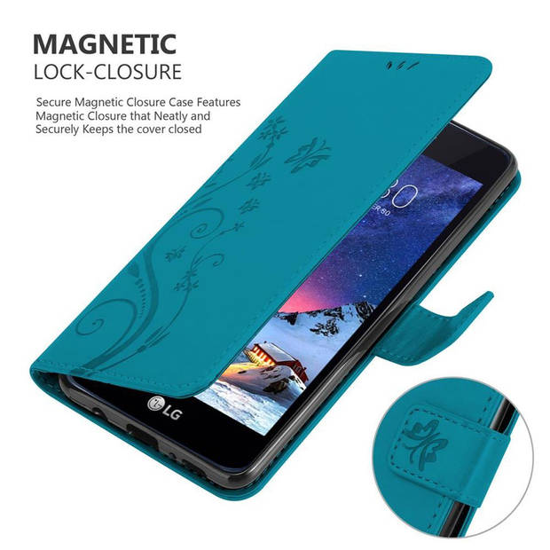 Cadorabo Hoesje geschikt voor LG K8 2017 in BLOEMEN BLAUW - Beschermhoes Case Cover Bloemen magnetische sluiting