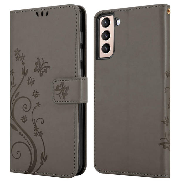 Cadorabo Hoesje geschikt voor Samsung Galaxy S21 PLUS in BLOEMEN GRIJS - Beschermhoes Case Cover Bloemen magnetische