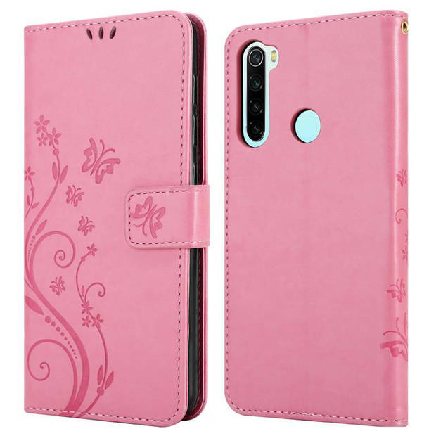 Cadorabo Hoesje geschikt voor Xiaomi RedMi NOTE 8 in BLOEMEN ROZE - Beschermhoes Case Cover Bloemen magnetische sluiting