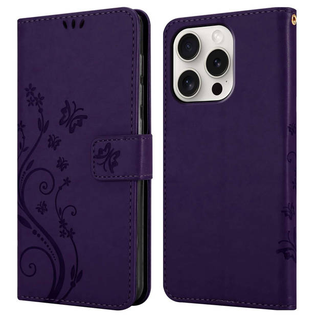 Cadorabo Hoesje geschikt voor Apple iPhone 15 PRO MAX in BLOEMEN DONKER PAARS - Beschermhoes Case Cover Bloemen