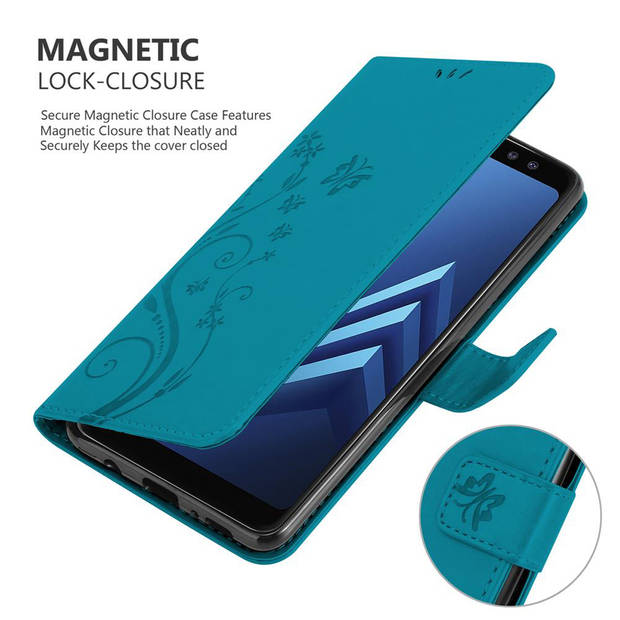 Cadorabo Hoesje geschikt voor Samsung Galaxy A8 2018 in BLOEMEN BLAUW - Beschermhoes Case Cover Bloemen magnetische