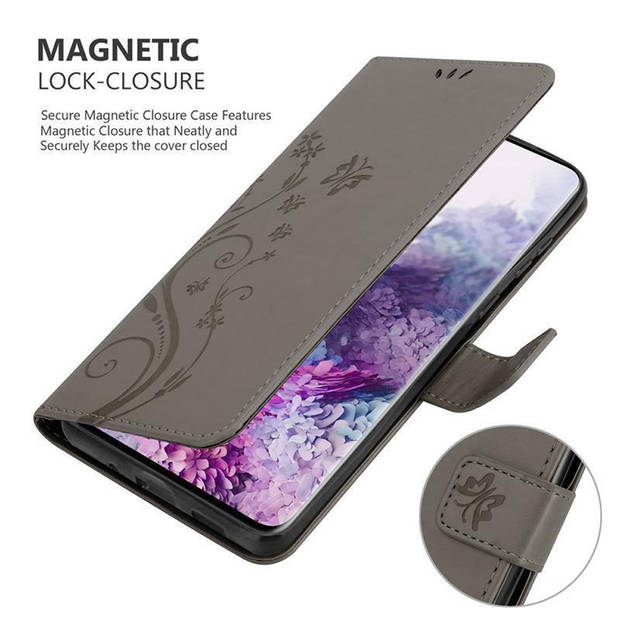Cadorabo Hoesje geschikt voor Samsung Galaxy S20 PLUS in BLOEMEN GRIJS - Beschermhoes Case Cover Bloemen magnetische