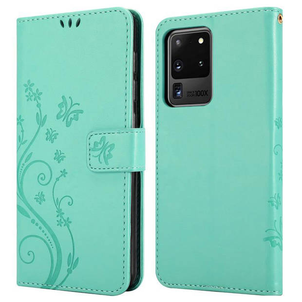 Cadorabo Hoesje geschikt voor Samsung Galaxy S20 ULTRA in BLOEMEN TURKOOIS - Beschermhoes Case Cover Bloemen magnetische