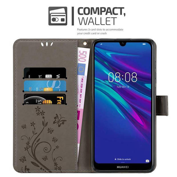 Cadorabo Hoesje geschikt voor Huawei Y6 2019 in BLOEMEN GRIJS - Beschermhoes Case Cover Bloemen magnetische sluiting
