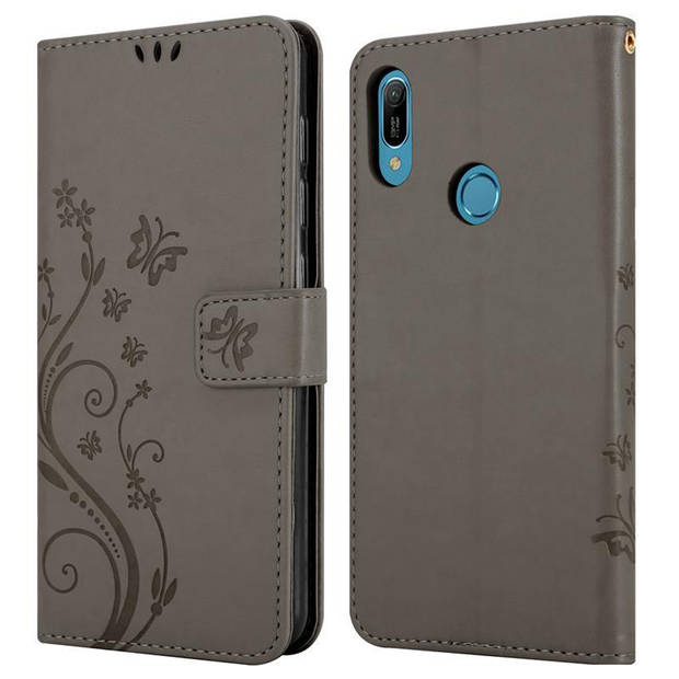 Cadorabo Hoesje geschikt voor Huawei Y6 2019 in BLOEMEN GRIJS - Beschermhoes Case Cover Bloemen magnetische sluiting