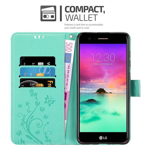 Cadorabo Hoesje geschikt voor LG K10 2017 in BLOEMEN TURKOOIS - Beschermhoes Case Cover Bloemen magnetische sluiting