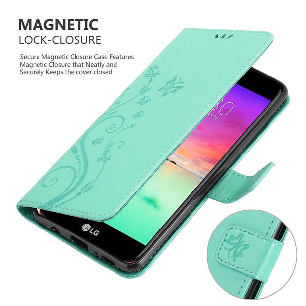 Cadorabo Hoesje geschikt voor LG K10 2017 in BLOEMEN TURKOOIS - Beschermhoes Case Cover Bloemen magnetische sluiting