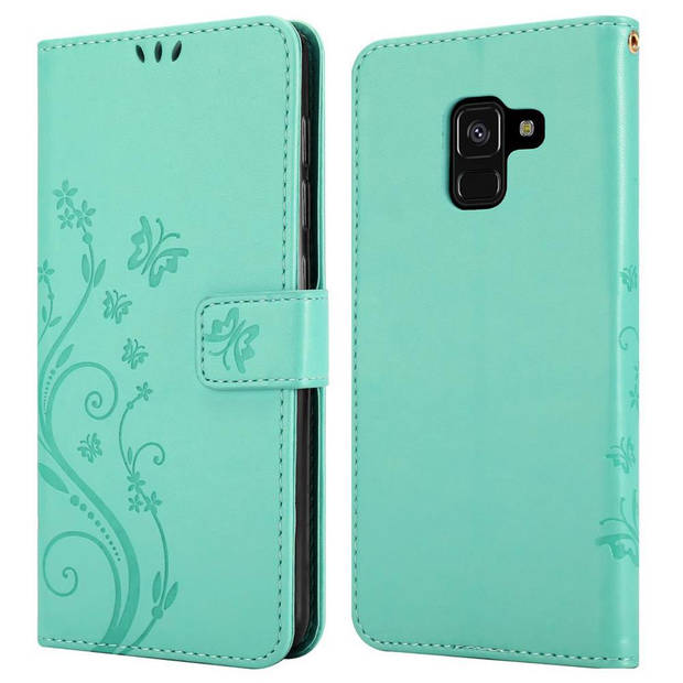 Cadorabo Hoesje geschikt voor Samsung Galaxy A8 2018 in BLOEMEN TURKOOIS - Beschermhoes Case Cover Bloemen magnetische