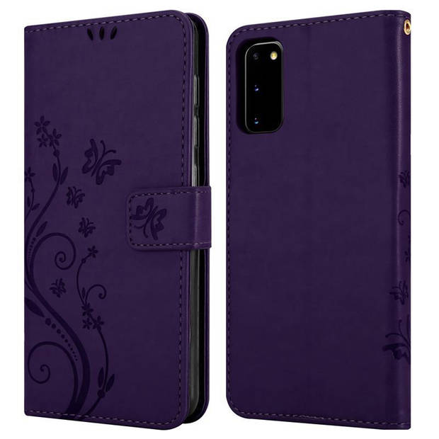 Cadorabo Hoesje geschikt voor Samsung Galaxy S20 in BLOEMEN DONKER PAARS - Beschermhoes Case Cover Bloemen magnetische