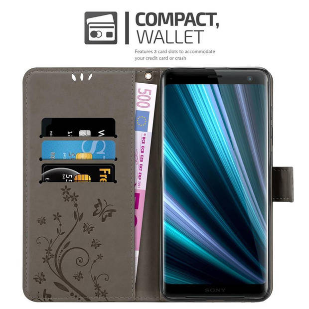 Cadorabo Hoesje geschikt voor Sony Xperia XZ3 in BLOEMEN GRIJS - Beschermhoes Case Cover Bloemen magnetische sluiting