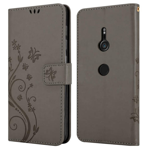 Cadorabo Hoesje geschikt voor Sony Xperia XZ3 in BLOEMEN GRIJS - Beschermhoes Case Cover Bloemen magnetische sluiting