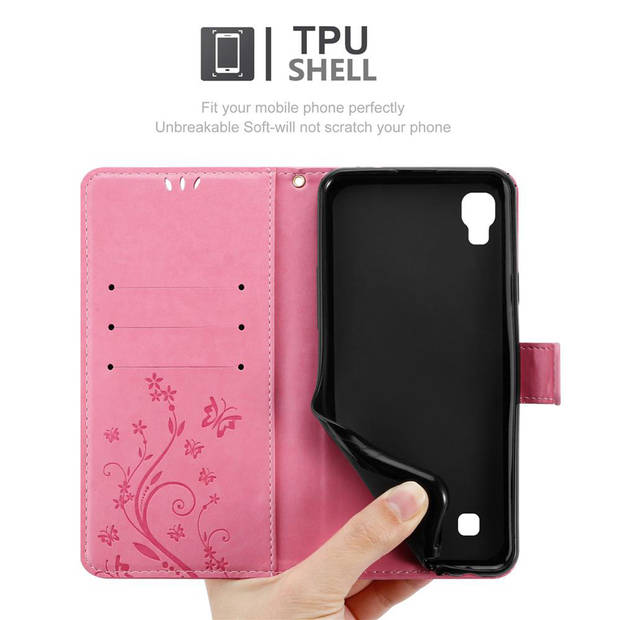 Cadorabo Hoesje geschikt voor LG X POWER in BLOEMEN ROZE - Beschermhoes Case Cover Bloemen magnetische sluiting