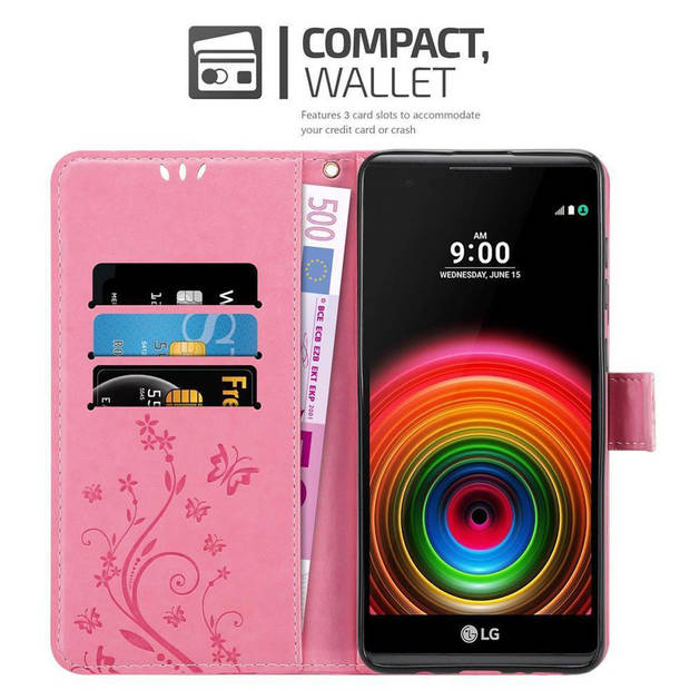 Cadorabo Hoesje geschikt voor LG X POWER in BLOEMEN ROZE - Beschermhoes Case Cover Bloemen magnetische sluiting