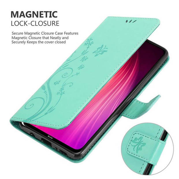 Cadorabo Hoesje geschikt voor Xiaomi RedMi NOTE 8 in BLOEMEN TURKOOIS - Beschermhoes Case Cover Bloemen magnetische