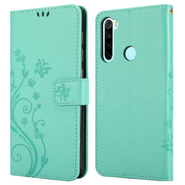 Cadorabo Hoesje geschikt voor Xiaomi RedMi NOTE 8 in BLOEMEN TURKOOIS - Beschermhoes Case Cover Bloemen magnetische