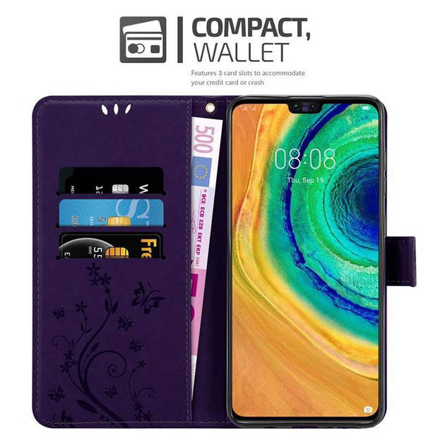 Cadorabo Hoesje geschikt voor Huawei MATE 30 in BLOEMEN DONKER PAARS - Beschermhoes Case Cover Bloemen magnetische