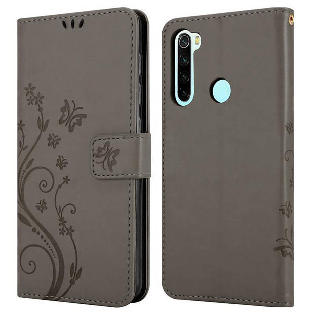 Cadorabo Hoesje geschikt voor Xiaomi RedMi NOTE 8 in BLOEMEN GRIJS - Beschermhoes Case Cover Bloemen magnetische