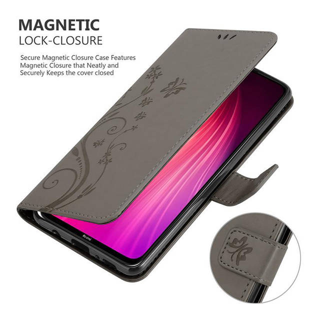 Cadorabo Hoesje geschikt voor Xiaomi RedMi NOTE 8 in BLOEMEN GRIJS - Beschermhoes Case Cover Bloemen magnetische