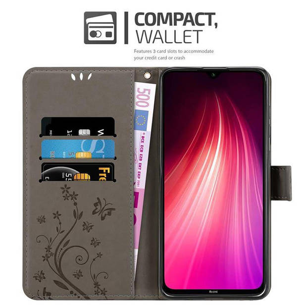 Cadorabo Hoesje geschikt voor Xiaomi RedMi NOTE 8 in BLOEMEN GRIJS - Beschermhoes Case Cover Bloemen magnetische