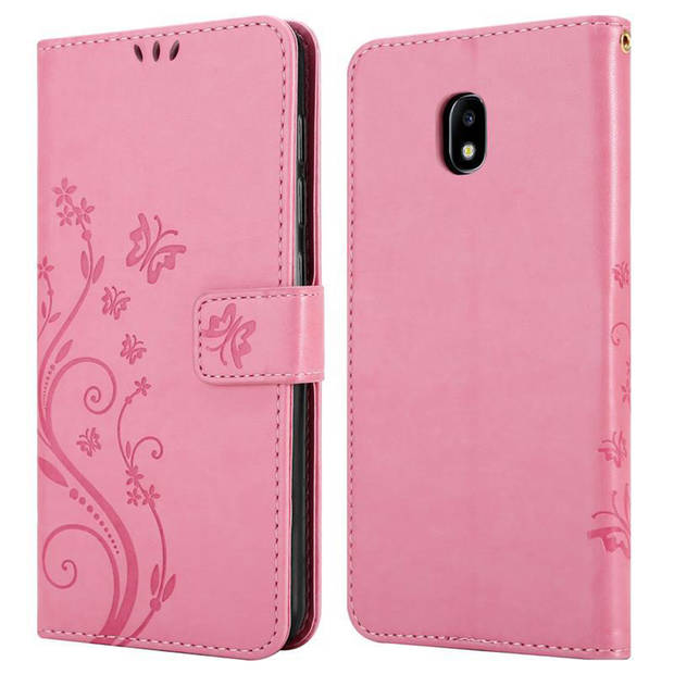 Cadorabo Hoesje geschikt voor Samsung Galaxy J3 2017 in BLOEMEN ROZE - Beschermhoes Case Cover Bloemen magnetische