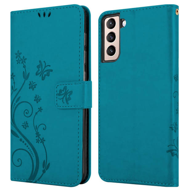 Cadorabo Hoesje geschikt voor Samsung Galaxy S21 5G in BLOEMEN BLAUW - Beschermhoes Case Cover Bloemen magnetische