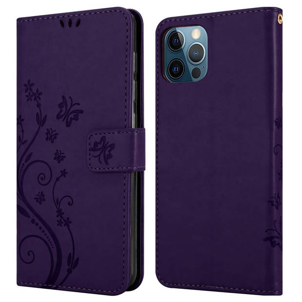 Cadorabo Hoesje geschikt voor Apple iPhone 12 / 12 PRO in BLOEMEN DONKER PAARS - Beschermhoes Case Cover Bloemen