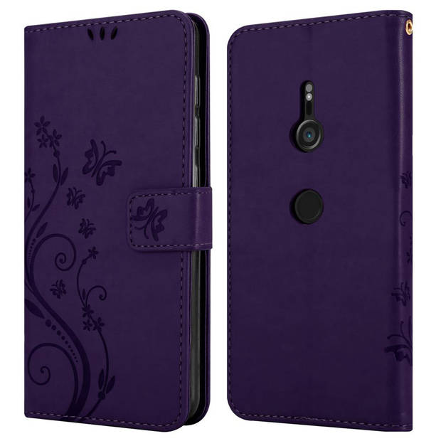 Cadorabo Hoesje geschikt voor Sony Xperia XZ3 in BLOEMEN DONKER PAARS - Beschermhoes Case Cover Bloemen magnetische