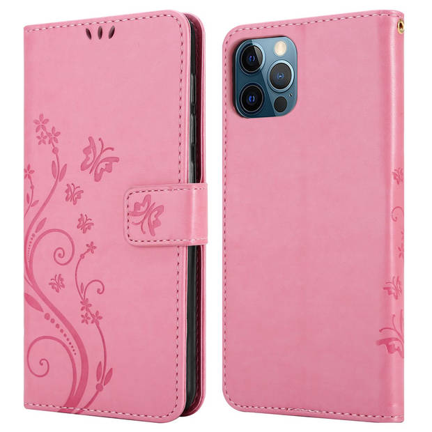 Cadorabo Hoesje geschikt voor Apple iPhone 12 / 12 PRO in BLOEMEN ROZE - Beschermhoes Case Cover Bloemen magnetische