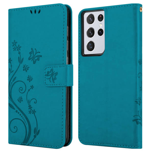 Cadorabo Hoesje geschikt voor Samsung Galaxy S21 ULTRA in BLOEMEN BLAUW - Beschermhoes Case Cover Bloemen magnetische