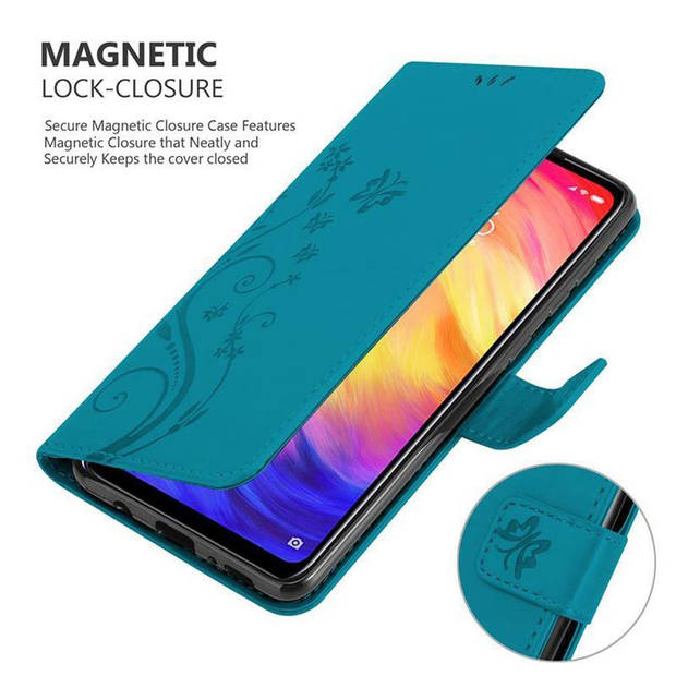 Cadorabo Hoesje geschikt voor Xiaomi RedMi NOTE 7 in BLOEMEN BLAUW - Beschermhoes Case Cover Bloemen magnetische